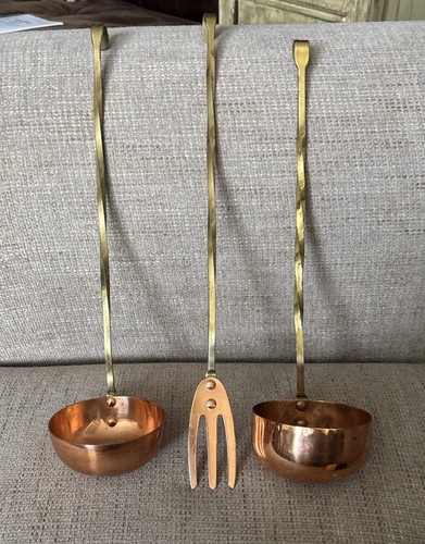 2 Vintage Copper Ladles w/ Brass Twisted Handles 14”x3.5” And 1 Fork Same Style