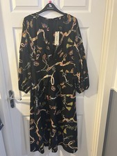 Vonda Midi Dress Size M UK 12-14 Black Chain Print Leg Split Long Sleeve BNWT
