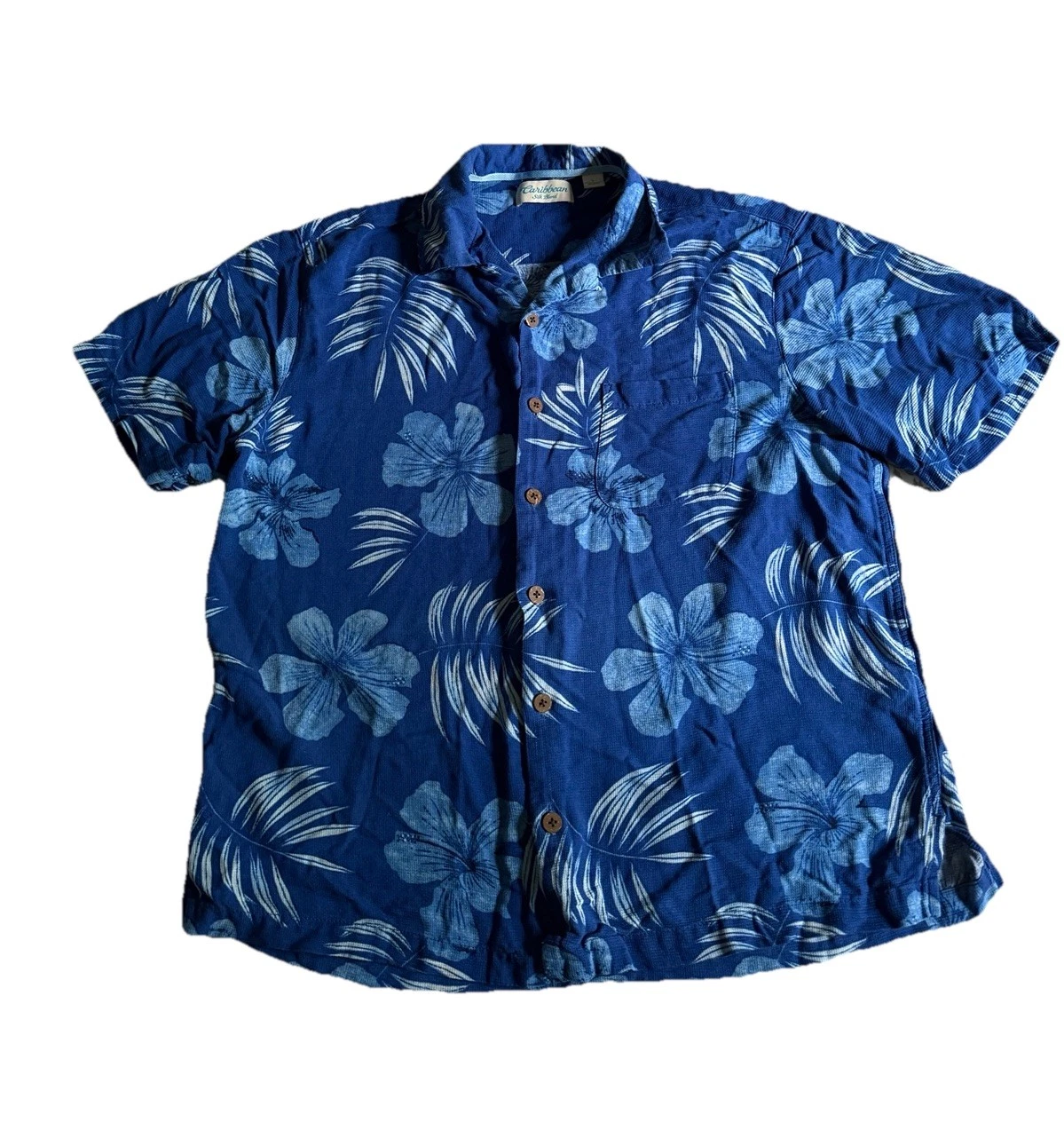 Carribean Silk Blend Hawaiian Shirt Mens L Royal Blue Hibiscus Beach Button Up