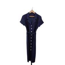 Quince 100% European Linen Button Front Dress Deep Navy Basic Sleeved M