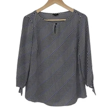 Talbots Women's Herringbone Print Chiffon Top Blouse Size MP Preppy, Tie Sleeve