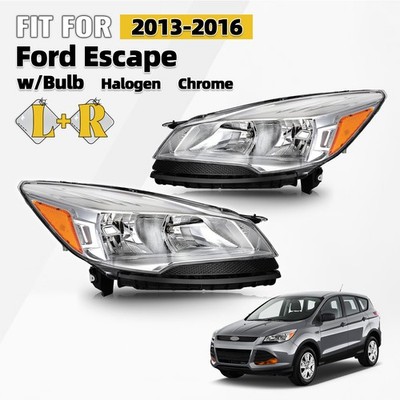 For 2013-2016 Ford Escape Halogen Headlight Chrome with Bulb Left+Right Pair