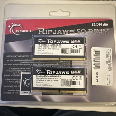 32GB G.Skill Ripjaws DDR5 SO-DIMM 4800MHz CL34 1.10V 262-Pin Laptop Kit 2x16GB
