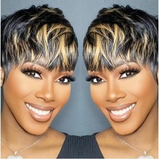 Short Pixie Cut Human Hair Wig Black with Blonde Highlights Layered Glueless