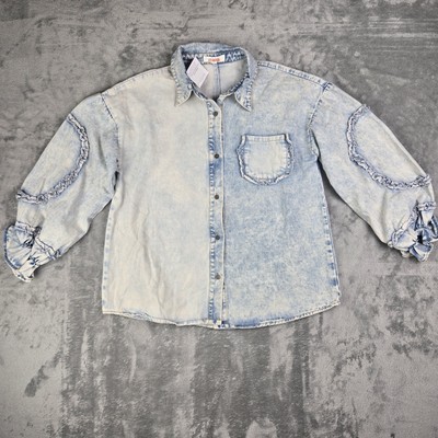 Mazik Women's Boho Casual Ruffle Trim Denim Shirt Blue Medium