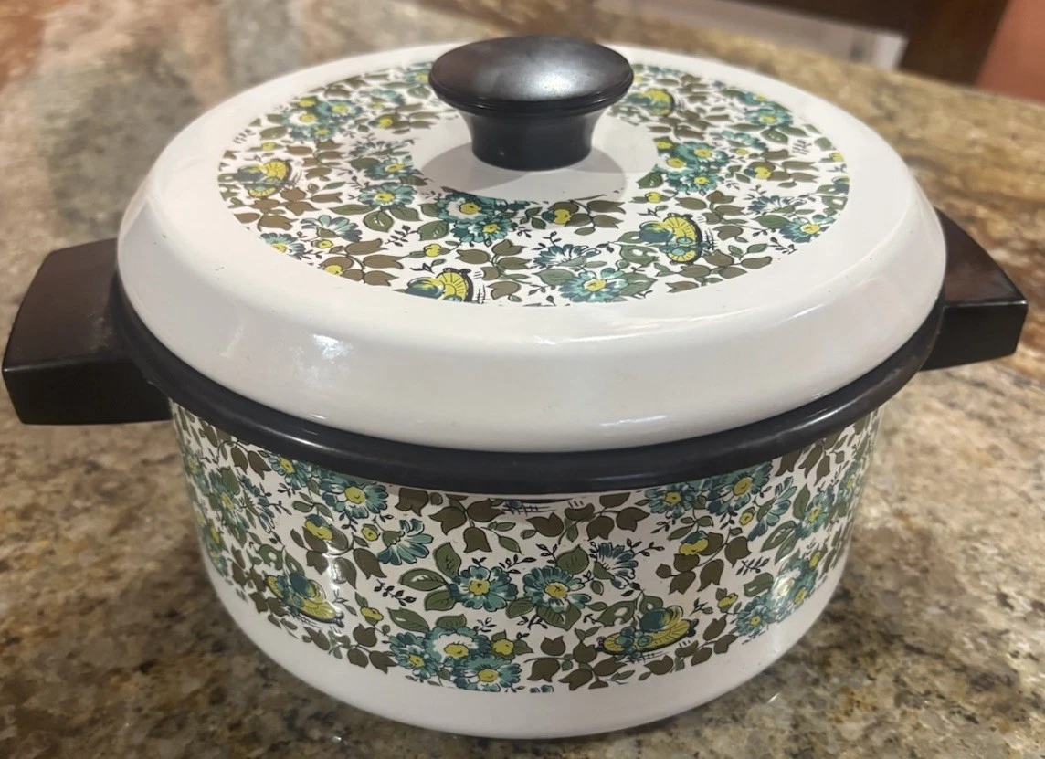 Vtg Enamelware Pot With Lid MCM Blue Green Floral Grannycore Hippie