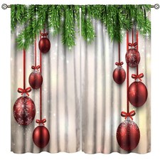 Christmas Red Curtains Pine Branches Christmas Ornamental Balls Holiday Decor...