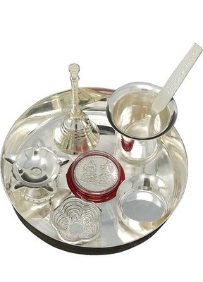 NOBILITY Silver Plated Pooja Thali Set Small 5 Inch Plate Kumkum Holder Diya Gha