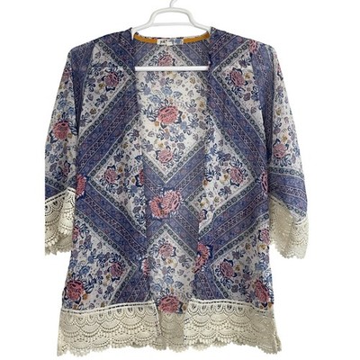 00762 Jolt Floral Print Kimono Cardigan Lace Trim Crochet Boho Festival Women XS