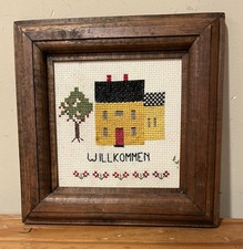 Willkommen Welcome Cross Stitch Needlepoint Framed 7x7 Wall Shelf Country Art