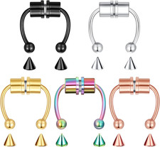 Set of Beauty 5 Fake Nose Rings Hoops Magnetic Clip On Septum Lip Cartilage Set