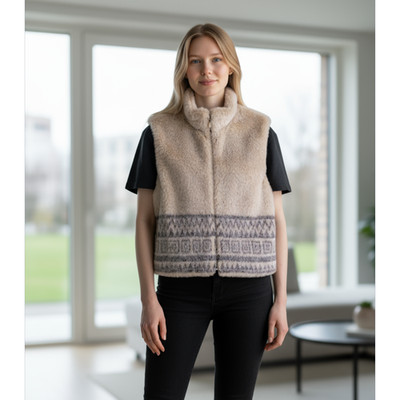 Mondi Escada Beige Faux Fur Vest Geometric Print Zip Front Winter Chic Size 42