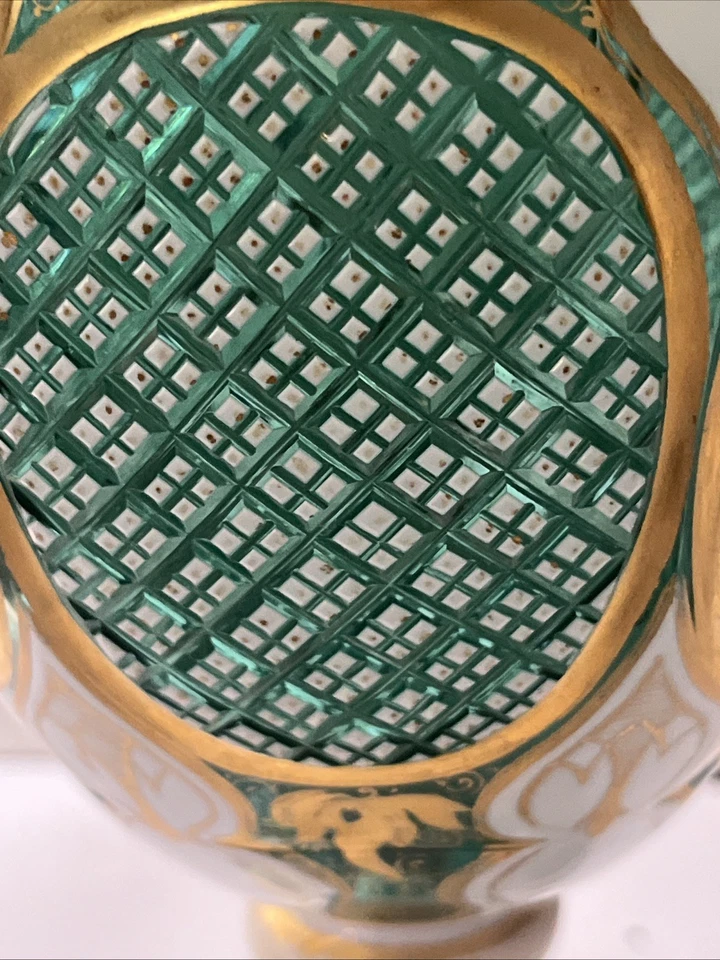 Vintage Moser Art Glass-Green egg  Shape Vase With Enameled Flowers - Image 3 of 4