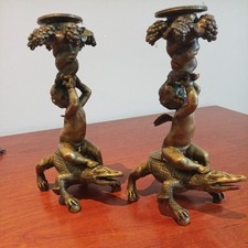 Pair Of Regency Baccanalian Putti Bronze/Brass Candle Holders Antique