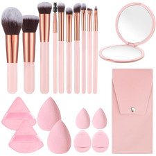 20-Piece Travel Makeup Brush Set with Sponges, Mirror, and Storage Bag
