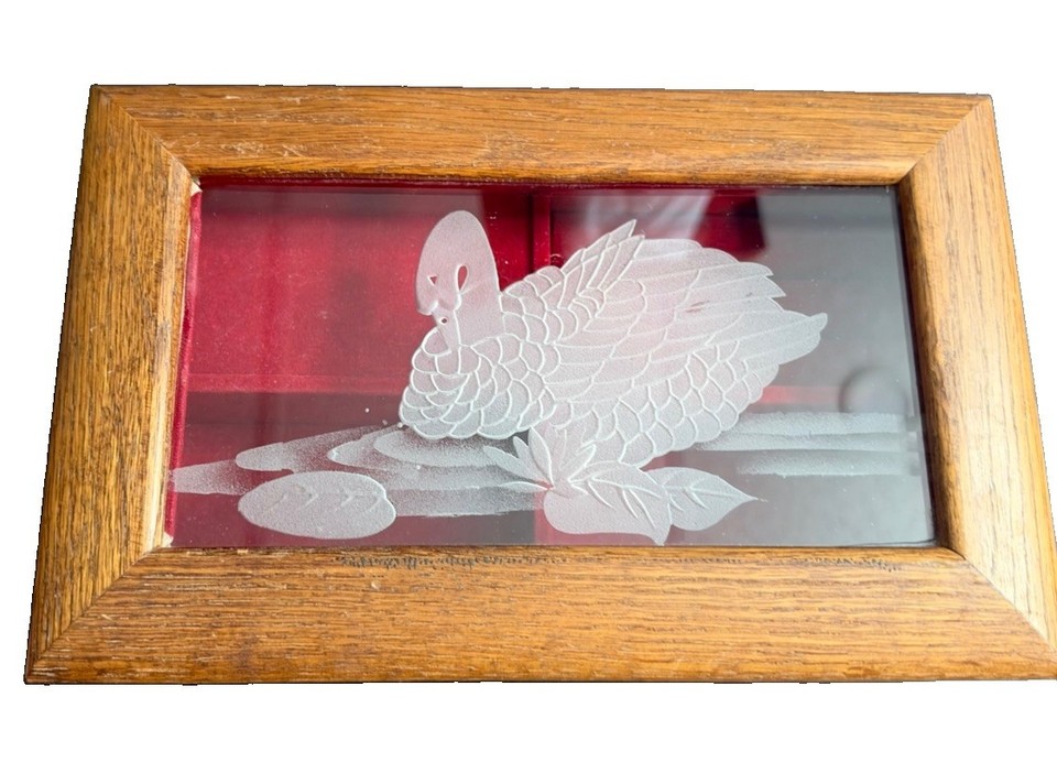 Vintage Wooden Musical Jewelry Box Etched Swan Glass Lid Swan Lake Working