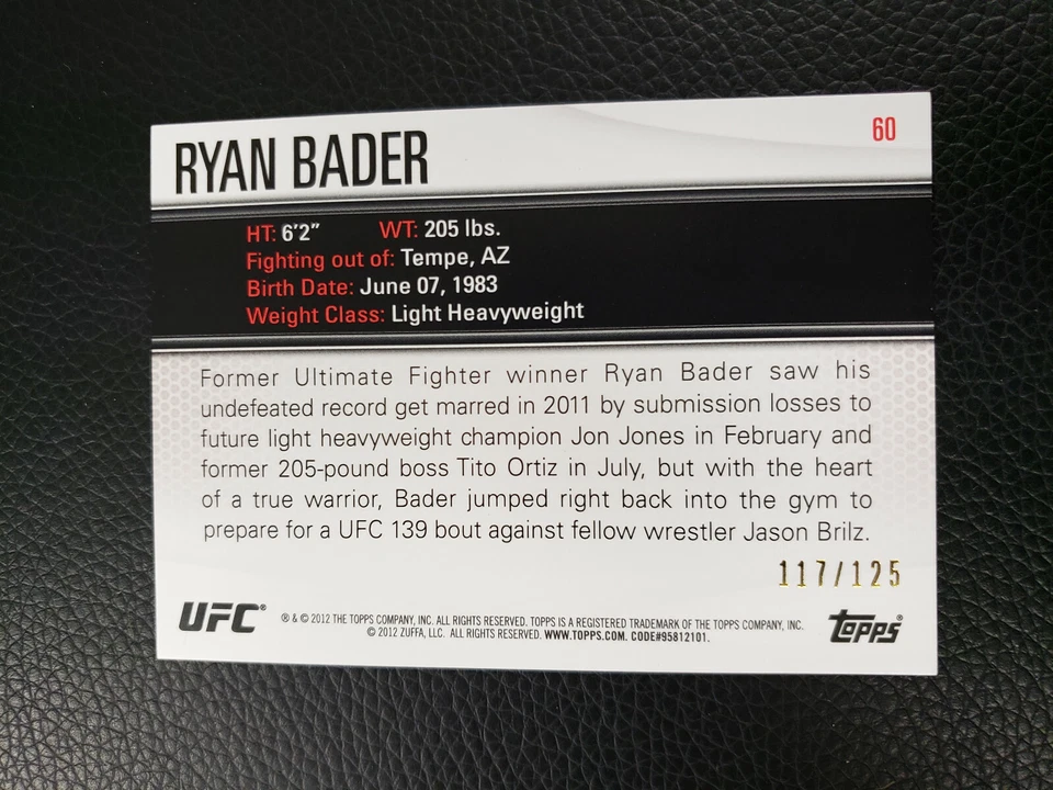 2012 Topps UFC Knockout Silver #60 Ryan Bader 117/125 - Image 2 of 2