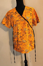 410 Disney Brand Scrub Top Size XS Orange Halloween Cheshire Cat Ties In Back