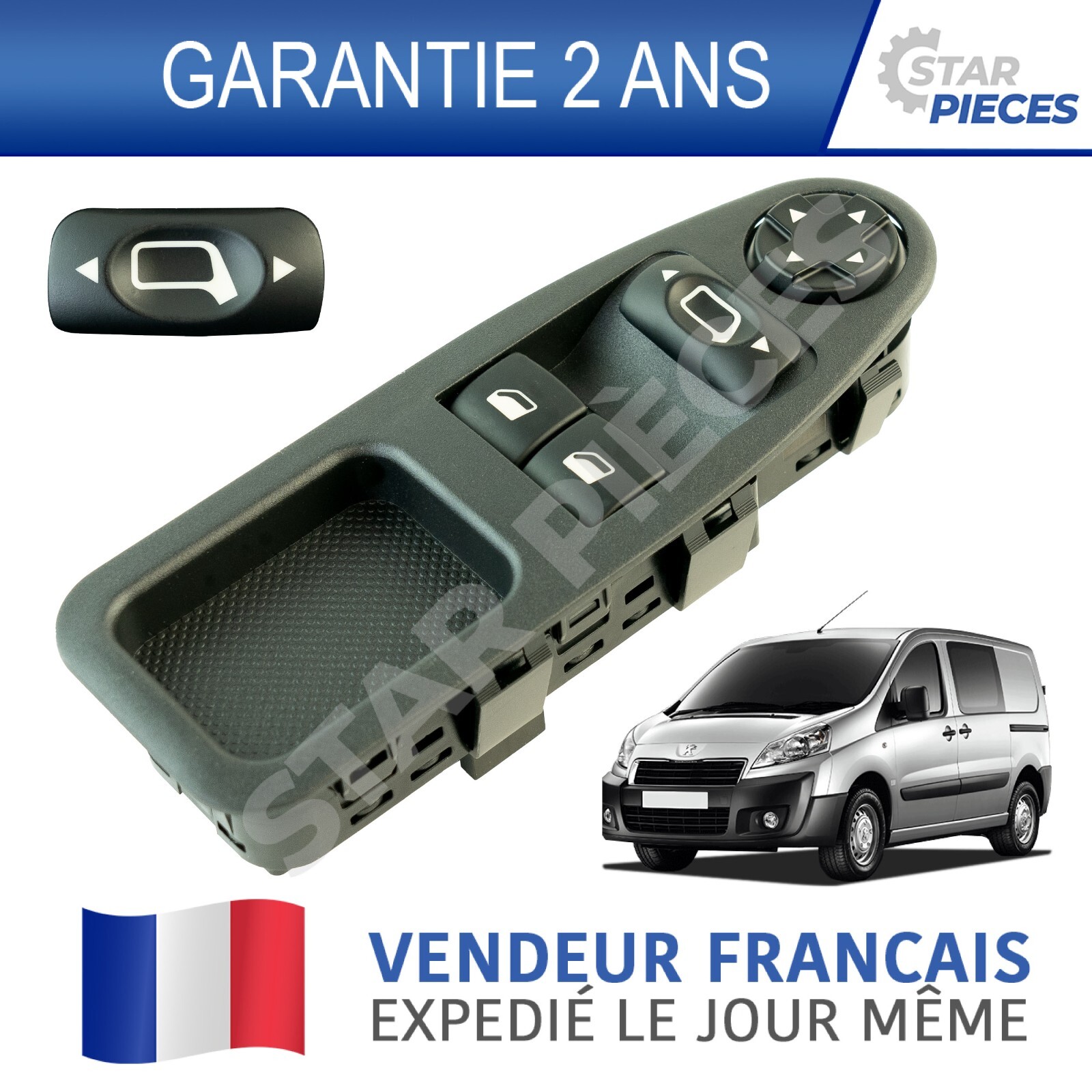Bouton lève-vitre électrique avant gauche 6490P4 pour Jumpy et Expert