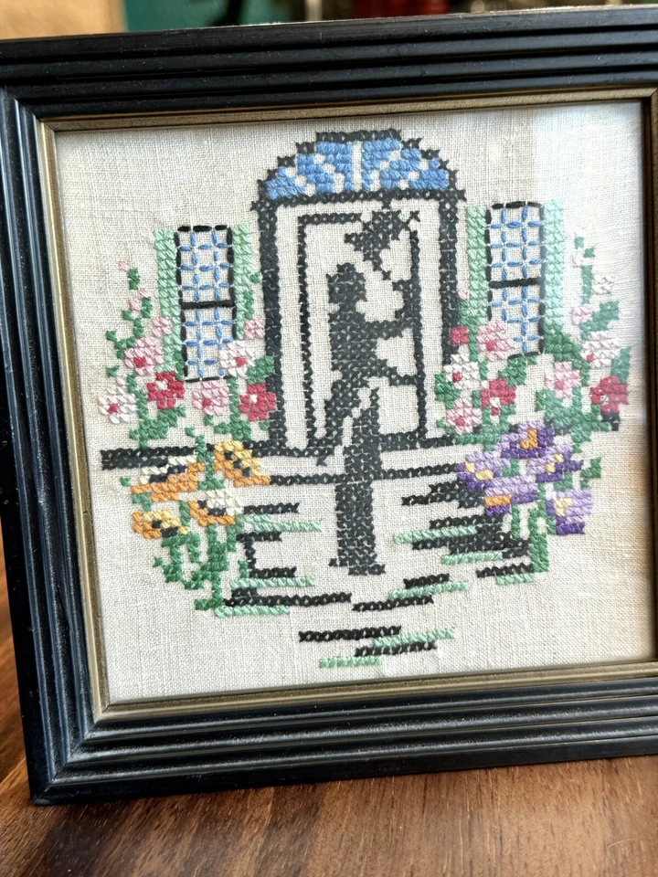 Pair Vintage Silhouette Floral Cross Stitch Art 6" Framed Cottagecore Decor - Image 4 of 4