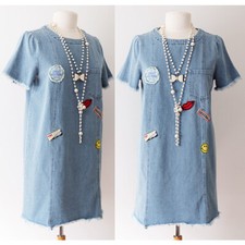 NEW Denim Blue 100% Cotton Cute Patches Pocket Frayed Hem Vtg Retro Shift Dress