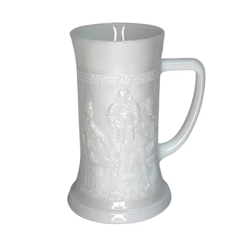 Federal Milk Glass Beer Stein Tankard Mug Cup Embossed Tavern Scene Vintage