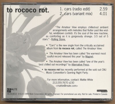 To Rococo Rot - Cars RARE promo radio only CD single w/radio edit & variant mix