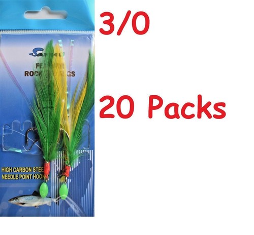 3 bis 100 Packungen 3/0 Rock Cod Feather Rigs 2 Haken grün/gelb Rockfish Köder - Bild 5 von 7