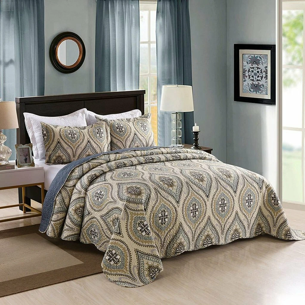 QUEEN Beige Modern Farmhouse Bed Acid Lightweight 3 Piece Quilt