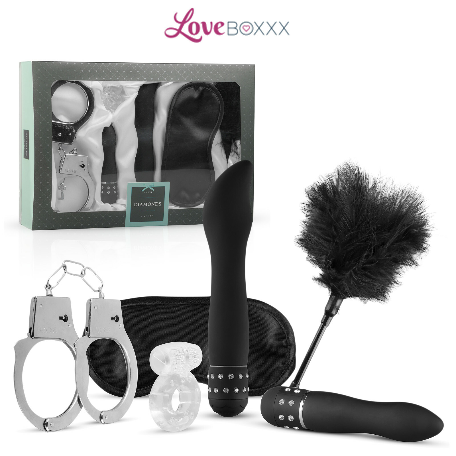 LoveBoxxx I Love Diamonds Gift Set Mini Vibrator G Spot Cuffs Cockring Tickler
