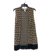 CHICO  S 2 Crochet Open Front Vest Black Beige Sleeveless Fringe - Size L
