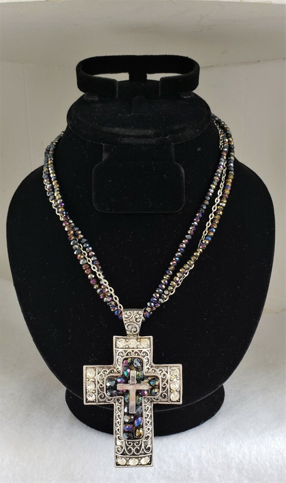 Ganz Jeweled Cross Necklace Black Iridescent Bead Silver Tone St