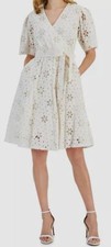 T Tahari Women's White Floral Embroidered Eyelet Fit & Flare Dress Size 10