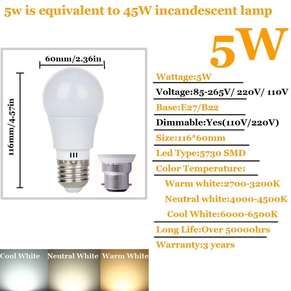 Dimmable LED Globe Light Bulbs E27 B22 ES BC 3W 5W 7W 9W Energy Saving Lamps - Image 4 of 4