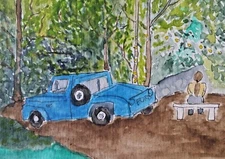ACEO Original - Blue Car & Girl Landscape Watercolor Painting 2.5 x 3.5