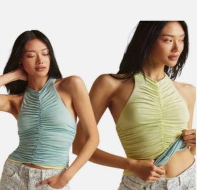 PILCRO by anthropologie Ruched Reversible Tank Top Blue Yellow Sleeveless Top S
