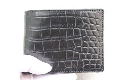 Double Side Crocodile Leather Skin Men's Bifold Wallet Real Black #V21