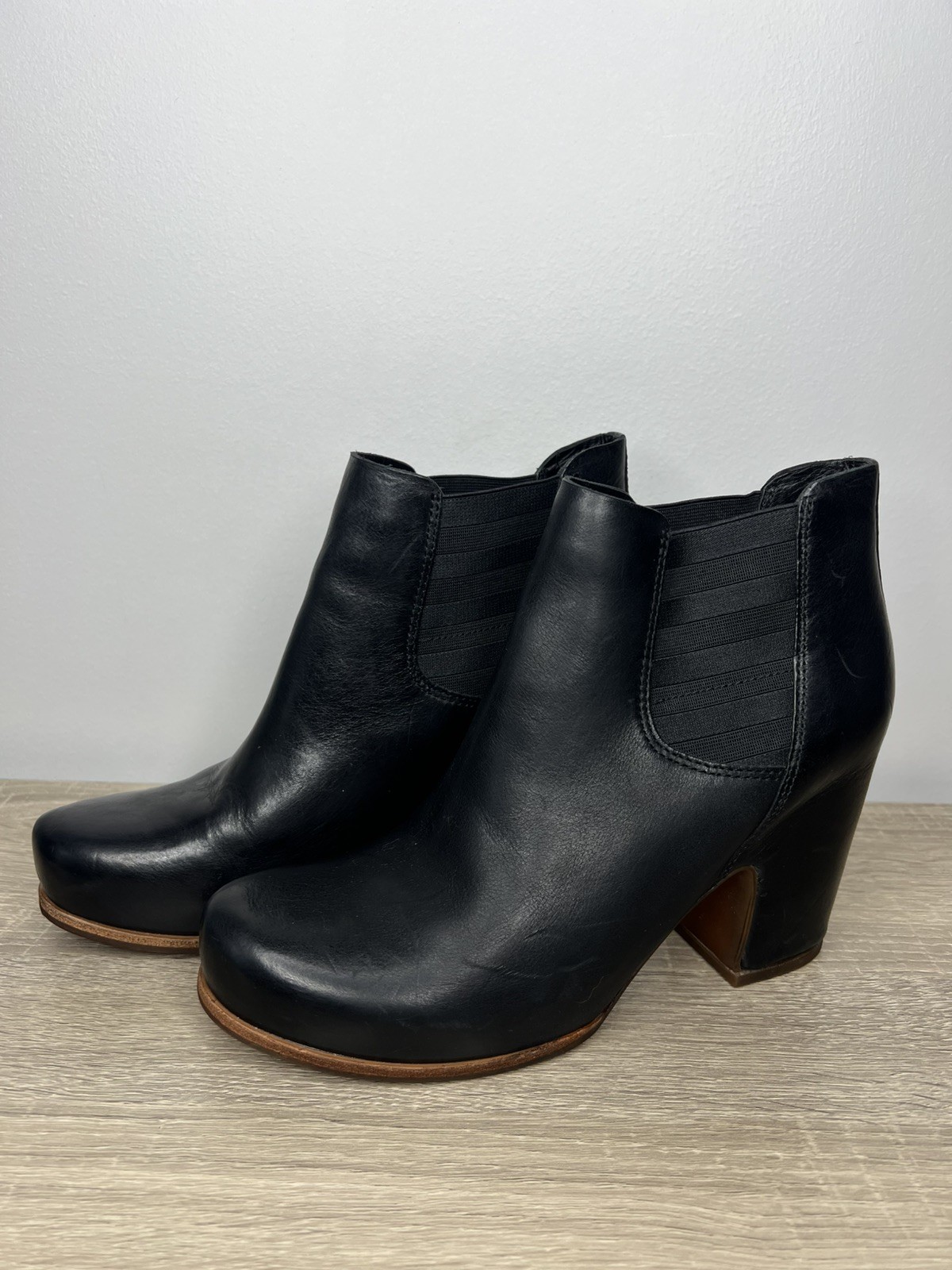 Kork-Ease Shirome Black Nero Leather Ankle Boots Womens 9M Chelsea Block Heel