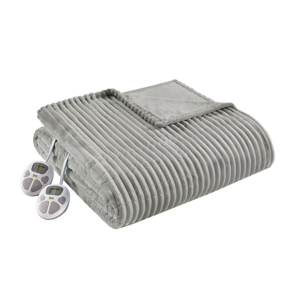 Twin Corded Plush Electric Blanket Gray - Serta: Midweight Polyester