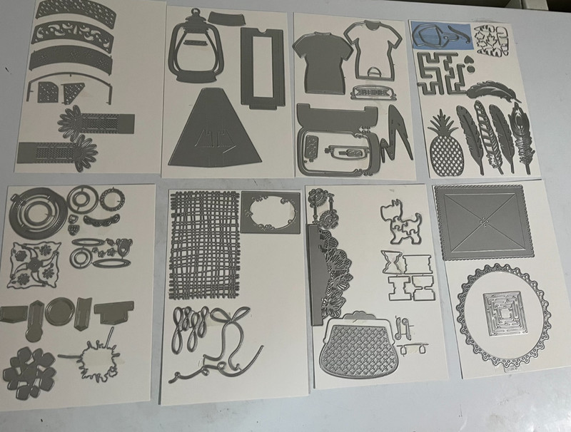 Metal Cardmaking dies=VARIETY THEMED-FEATHERS,PINEAPPLE,T-SHIRT, PAGE TABS +MORE