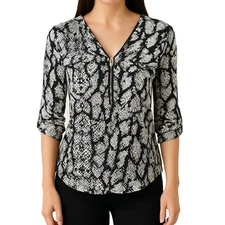 Calvin Klein Womens S Black White Snakeskin Zip V-Neck Blouse Roll Tab Sleeve