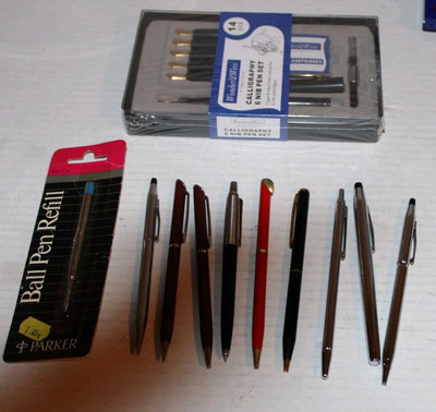 Lot of 9 writing pens (Cross, Scheaffer, Quill Parker)  Chrome, wood, black etc)