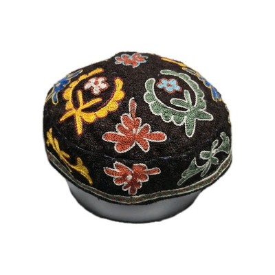 Vintage Uzbek Doppi Embroidered Skullcap Tubeteika Black Floral Cap Hat
