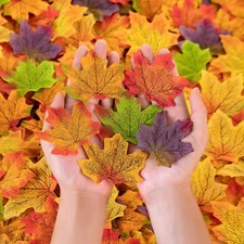 500PCS Fall Leaves Maple Bulk 8 Color Autumn Leaves with 100 Glue Dots Thanksgiv