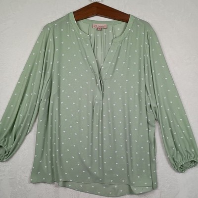 Philosophy Republic Sage  Heart Print Blouse Womens 2X Split Neck Long Sleeve