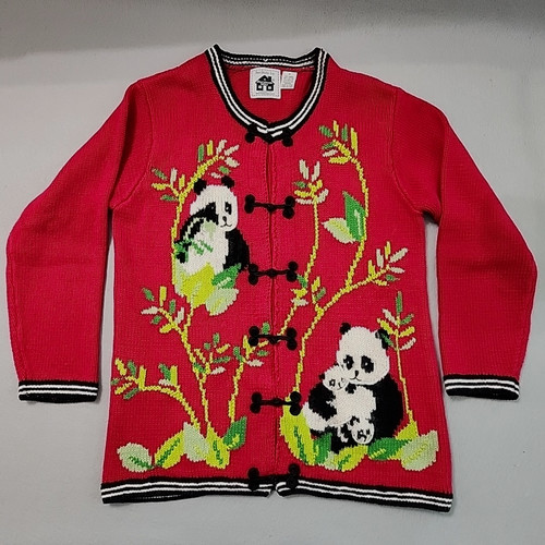 Vintage 90s Storybook Knits M Panda Cardigan Sweater Red Bears Asian Frog Close