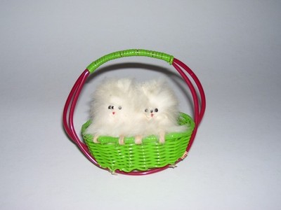 Vintage Fur Puppy PLastic Wicker Basket Circus Carnival Souvanir Prize