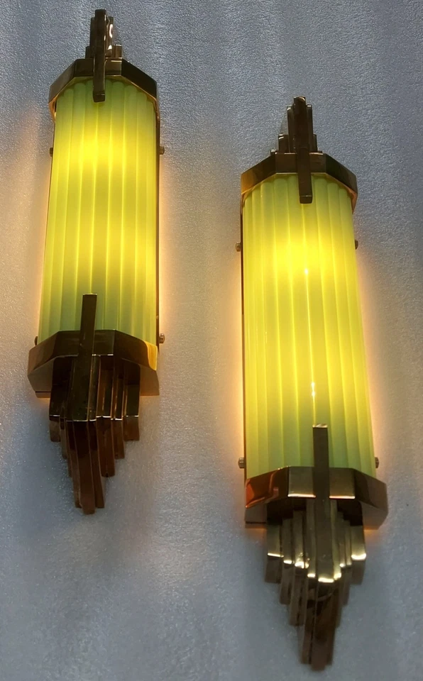 Skyscraper Vintage Art Deco Wall Sconce Light – Brass & Opaline Green Glass - Image 2 of 4