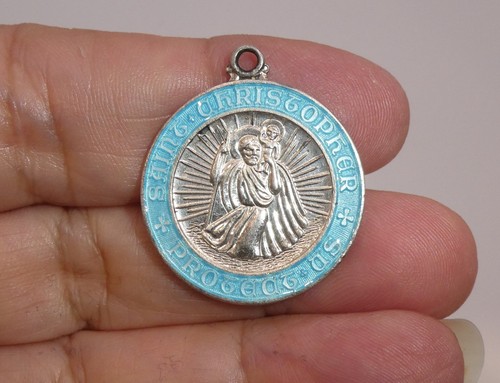 Vintage WELLS Sterling Silver Blue Enamel St. Saint Christopher Medal Pendant