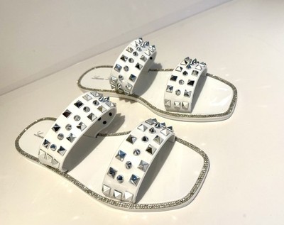 Lauren Lorraine Size 8.5 White Silver Spike Slide Ons Flat New With Box 